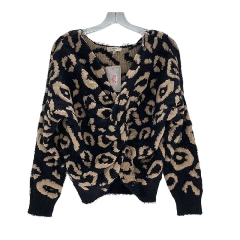 Entro Black and Tan Fuzzy Open Back Cheetah Print Sweater Women's Medium NWT